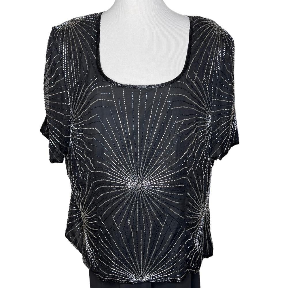 Vintage 80βs Papell Black Silk Beaded Scoop Neck Short Sleeve Cocktail Blouse 3X - Picture 1 of 15